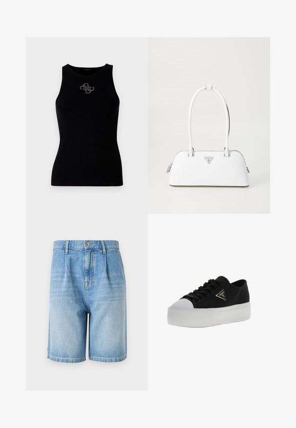 Sort ribbet tank top med rund udskæring og et logo prydet med sølvfarvede nitter på forsiden. Blødt, strækbart stof.; Lysblå denimshorts med en afslappet pasform, med knaplukning, to forlommer og lige kant. Blegningseffekt gennem hele stoffet.; Sort lavtop sneaker med hvid platformsål, hvid tåhætte, sorte snørebånd og trekantet metal Guess-logo på siden.; Hvid lædertaske med en buet form, der har et sølvtrapezlogo og lynlåslukning. Glat tekstur og dobbelthåndtag.