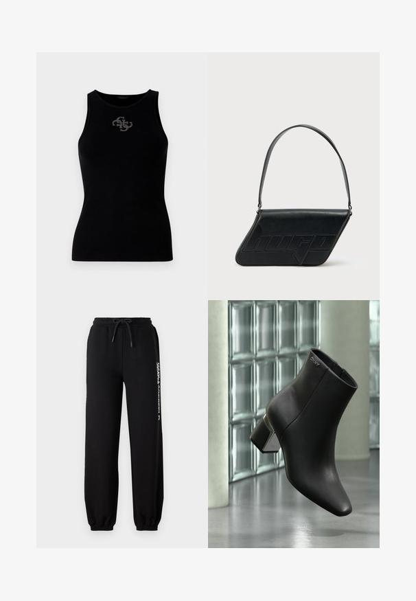 Must värviline ribatraukidega tank top, millel on ümar krae ja esiosas hõbedaste nööpidega kaunistatud logo. Pehme ja veniv kangas.; Mustad mustad pant, millel on elastne vöökoht, reguleeritav nöör ja kitsad lõpposad. Vasakul küljel on valge logo.; Mustast nahast pahkluu saabas plokkseseljaga, DKNY logo lähedal ülaosas, eksponeeritud klaasplokiseina ja poleeritud betoonpõranda taustal.; Mustast nahast kolmnurkse kujuga õlakott, reljeefse logoga ja ühe reguleeritava rihmaga. Minimalistlik disain ja sile tekstuur.