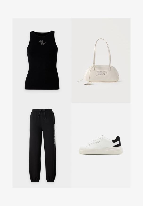 Débardeur noir à côtes avec un col rond et un logo orné de clous en argent à l'avant. Tissu doux et extensible.; Pantalons de survêtement noirs avec une taille élastique, un cordon de serrage ajustable et des poignets fuselés. Présente un logo blanc imprimé sur le côté gauche.; Baskets en cuir blanc avec une épaisse semelle blanche, un accent en daim noir au niveau du talon et un logo embossé sur le côté. Design à lacets avec six œillets.; Sac d'épaule rectangulaire de couleur crème avec longues bretelles, logo "tommy jeans" en argent sur le devant, et une étiquette pendante attachée à la fermeture éclair.