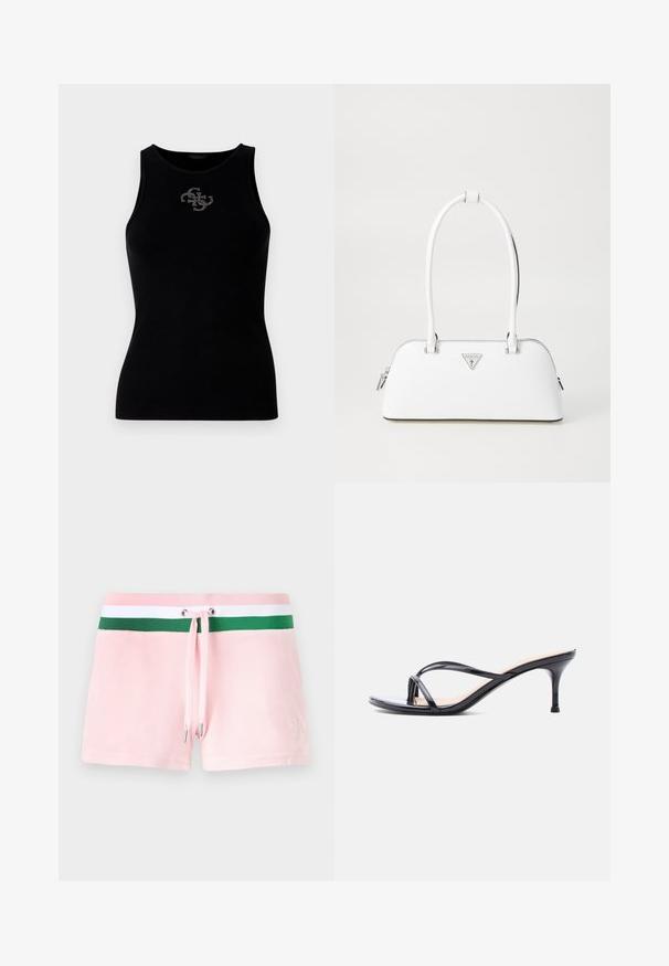 Zwarte geribbelde tanktop met een ronde halslijn en een logo versierd met zilveren studs aan de voorkant. Zacht, rekbaar materiaal.; Roze katoenen shorts met een groen-witte gestreepte tailleband, voorzien van een trekkoord en zilveren metalen uiteinden. Subtiele logo borduursel aan de zijkant.; Zwarte laklederen sandaal met hakken, dunne gekruiste bandjes en een slanke, middelhoog stilettohak op een witte achtergrond.; Witte leren handtas met een gebogen vorm, voorzien van een zilveren driehoekig logo en ritssluiting. Gladde textuur en dubbele handvaten.