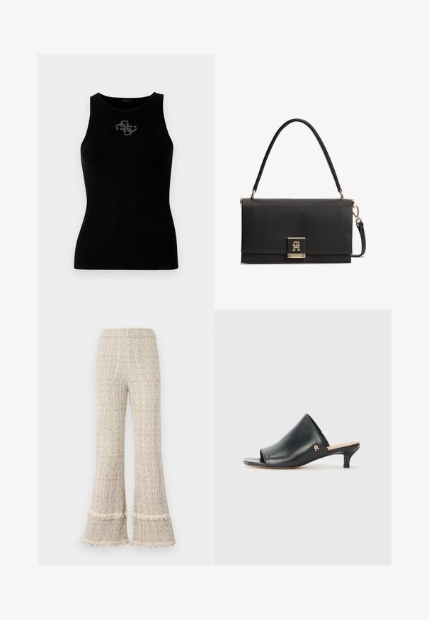Débardeur noir à côtes avec un col rond et un logo orné de clous en argent à l'avant. Tissu doux et extensible.; Pantalons larges en tissu beige texturé, avec des ourlets frangés et une taille haute. Le design offre une coupe décontractée et un ample tombé.; Mules ouverts en cuir noir avec un talon bas. Présentent une surface lisse et un accent logo doré sur le côté.; Sac à main en cuir noir texturé avec une poignée supérieure, un fermoir doré présentant un logo TH entrelacé, et une bandoulière détachable.
