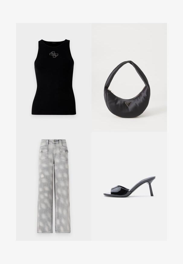 Must värviline ribatraukidega tank top, millel on ümar krae ja esiosas hõbedaste nööpidega kaunistatud logo. Pehme ja veniv kangas.; Heledad hallhalli denimist laiad püksid, mis on kõrge vöökoht, nelja taskuga ja pleekinud mustriga, tagavad mugava istuvuse.; Mustad lakknahast avatud varbaga kontsaga sandaalid, mis on varustatud kaardus pealse disaini ja kitseneva tikk-kontsaga. Sile, läikiv viimistlus.; Must musträk kott, millel on kaarjas kuju, varustatud lukuga ja metallist kolmnurkse logoga ees. Sile tekstuur ja peen disain.