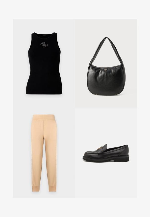 Sort ribbet tank top med rund udskæring og et logo prydet med sølvfarvede nitter på forsiden. Blødt, strækbart stof.; Beige sweatpants med en glat tekstur, der har et tapered design, elastisk talje og mønstrede sidelommer.; Sorte læder loafers med rund tå, syede detaljer, guldfarvet hardware og en lav tekstureret gummisål. Glat, elegant finish.; Sort læder hobo taske med en glat tekstur, en buet form og en lynlåslukning. Har et guldfarvet logoaccent på forsiden.