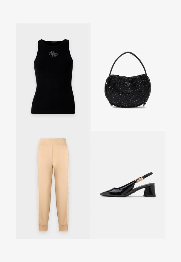 Top de tirantes negro con canalé que presenta un escote redondo y un logo adornado con tachuelas plateadas en la parte delantera. Tela suave y elástica.; Pantalones de chándal beige con una textura suave, que presentan un diseño tapered, cintura elástica y paneles laterales estampados.; Zapatos de charol negro con tacón de pala y puntera afilada, con detalles en tono dorado en la correa, que presentan un tacón cuadrado. Textura suave.; Bolso de tela negra con lunares blancos y un diseño curvo. Presenta un acabado brillante, un asa superior y un logo triangular plateado.