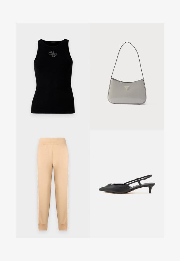 Sort ribbet tank top med rund udskæring og et logo prydet med sølvfarvede nitter på forsiden. Blødt, strækbart stof.; Beige sweatpants med en glat tekstur, der har et tapered design, elastisk talje og mønstrede sidelommer.; Sorte slingback-sko med spids tå, lavet af glat materiale, med en lille hæl og en dekorativ sølvaccent på vamps.; Grå skuldertaske i laklæder med en buet form, sort kant og en sølvfarvet logoplade foran. Justerbar rem for alsidig brug.