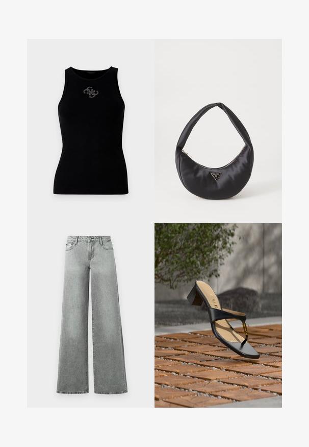 Débardeur noir à côtes avec un col rond et un logo orné de clous en argent à l'avant. Tissu doux et extensible.; Jeans en denim gris à jambes larges, dotés de cinq poches, d'une taille haute et d'une finition légèrement délavée avec des coutures visibles.; Sandale noire à talon avec boucle pour l'orteil et accent doré, placée sur une surface pavée en bois et pierre en extérieur près de la verdure.; Sac à main en satin noir avec une forme courbée, doté d'une fermeture à glissière et d'un logo triangulaire en métal à l'avant. Texture lisse et design épuré.