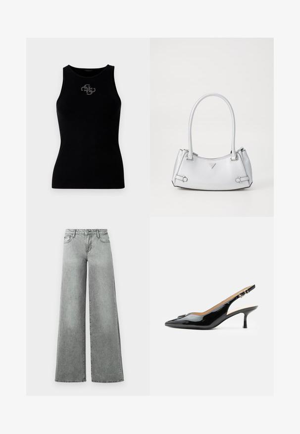 Débardeur noir à côtes avec un col rond et un logo orné de clous en argent à l'avant. Tissu doux et extensible.; Jeans en denim gris à jambes larges, dotés de cinq poches, d'une taille haute et d'une finition légèrement délavée avec des coutures visibles.; Escarpin slingback en cuir verni noir avec bout pointu, petit talon kitten et bride à boucle argentée sur fond blanc uni.; Sac à main argenté avec un design structuré, doté de deux poignées, d'une texture brillante, de quincaillerie accentuée et d'un logo triangulaire sur le devant.