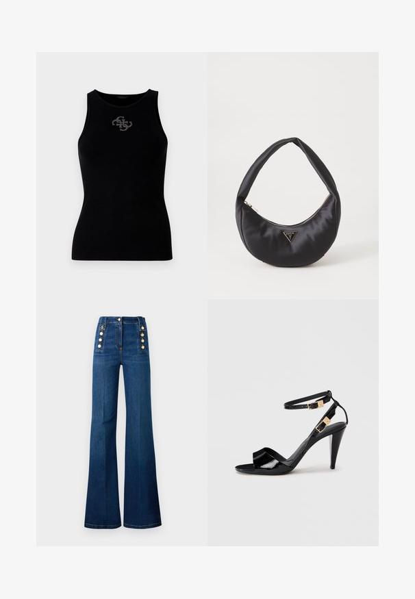 Top de tirantes negro con canalé que presenta un escote redondo y un logo adornado con tachuelas plateadas en la parte delantera. Tela suave y elástica.; Jeans de talle alto y corte acampanado en denim azul oscuro, con acentos de botones dorados en los lados y una textura suave.; Sандalia de tacón alto de charol negro con dobles correas en el tobillo y hebillas doradas, punta abierta y tacón delgado y afilado sobre un fondo neutro.; Bolso de satén negro con forma curva, que cuenta con un cierre de cremallera y un logo triangular en metal en la parte delantera. Textura suave y diseño elegante.