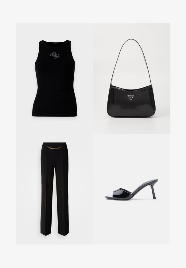 Sort ribbet tank top med rund udskæring og et logo prydet med sølvfarvede nitter på forsiden. Blødt, strækbart stof.; MARCIANO BY GUESS ELLA CHAIN STRAIGHT PANTS - Bukser - black; Sorte laklæder sandaletter med åben tå, der har et buet overdesign og en spids stilethæl. Glat, blank finish.; Sort patenteret læder skuldertaske med en buet form, prydet med et sølvfarvet trekantet logo og en lynlås-lukning. Glat tekstur og slank rem.