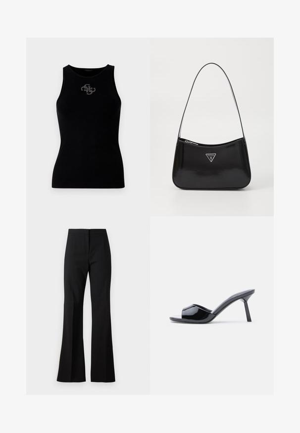 Sort ribbet tank top med rund udskæring og et logo prydet med sølvfarvede nitter på forsiden. Blødt, strækbart stof.; Sorte svingbukser lavet af et glat stof, med højtaljet talje, forreste folder og en ren finish ved sømmene.; Sorte laklæder sandaletter med åben tå, der har et buet overdesign og en spids stilethæl. Glat, blank finish.; Sort patenteret læder skuldertaske med en buet form, prydet med et sølvfarvet trekantet logo og en lynlås-lukning. Glat tekstur og slank rem.