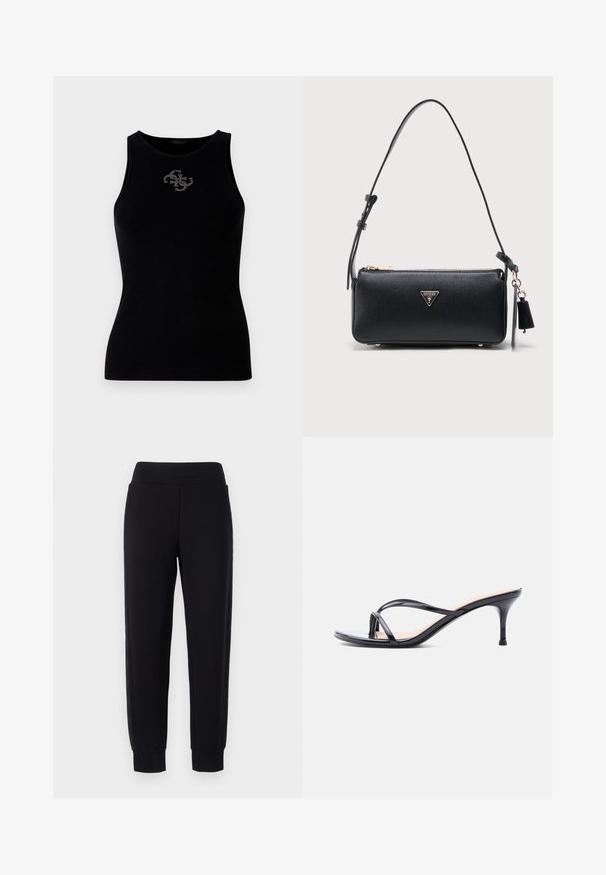 Sort ribbet tank top med rund udskæring og et logo prydet med sølvfarvede nitter på forsiden. Blødt, strækbart stof.; Sorte sweatpants med tætsiddende ben, der har en bred elastisk talje og strukturerede sidelapper. Lavet af et blødt, strækbart materiale.; Sort laklædersandal med hæl, tynde krydsede remme og en slank mellemhøj stilethæl på en hvid baggrund.; Sort, rektangulær Guess-håndtaske med justerbar skulderrem, guldfarvet lynlås og trekantet logo midt på fronten.