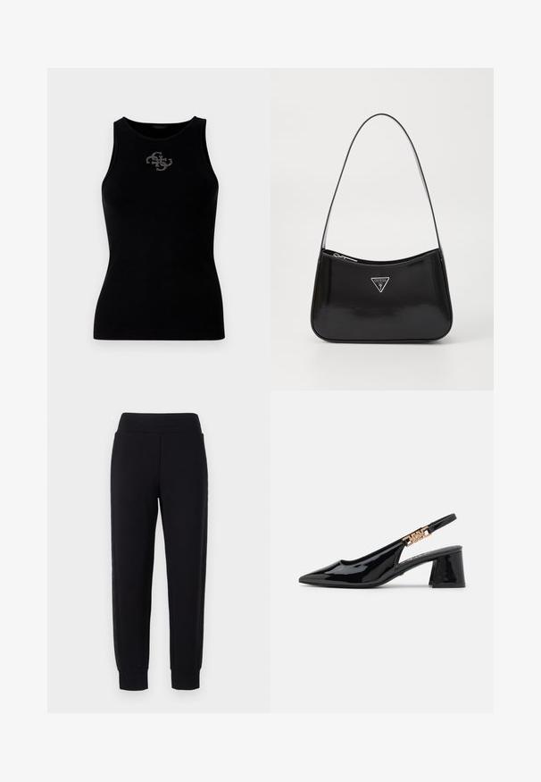 Sort ribbet tank top med rund udskæring og et logo prydet med sølvfarvede nitter på forsiden. Blødt, strækbart stof.; Sorte sweatpants med tætsiddende ben, der har en bred elastisk talje og strukturerede sidelapper. Lavet af et blødt, strækbart materiale.; Sorte patentlæder slingback pumps med spidse tæer og guldfarvet hardware på remmen, med en blokhælhøjder. Glat tekstur.; Sort patenteret læder skuldertaske med en buet form, prydet med et sølvfarvet trekantet logo og en lynlås-lukning. Glat tekstur og slank rem.