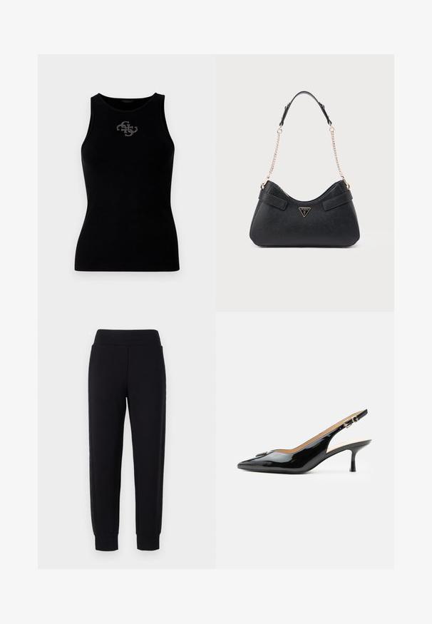 Sort ribbet tank top med rund udskæring og et logo prydet med sølvfarvede nitter på forsiden. Blødt, strækbart stof.; Sorte sweatpants med tætsiddende ben, der har en bred elastisk talje og strukturerede sidelapper. Lavet af et blødt, strækbart materiale.; Sort patentlæder slingback hæl med spids tå, lille kitten hæl og sølvspænde på en ensartet hvid baggrund.; Sort håndtaske med struktureret finish, buet silhuet, dobbelt skulderrem af læder og kæde, med guldfarvet logoaccent.