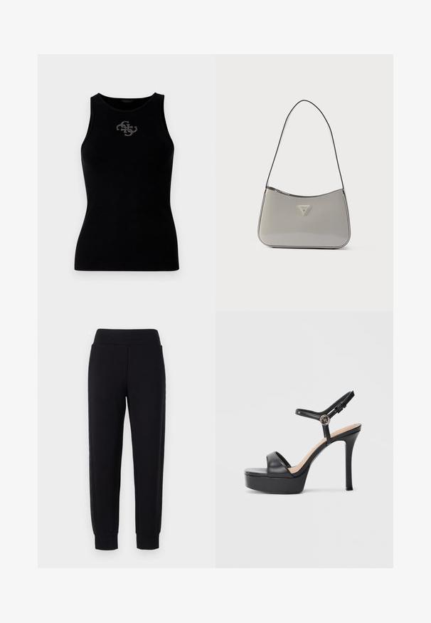 Sort ribbet tank top med rund udskæring og et logo prydet med sølvfarvede nitter på forsiden. Blødt, strækbart stof.; Sorte sweatpants med tætsiddende ben, der har en bred elastisk talje og strukturerede sidelapper. Lavet af et blødt, strækbart materiale.; Sorte platformsandaler med høj stiletthæl, der har en glat læderoverdel, peep toe-design og en justerbar ankelrem med metalbeslag.; Grå skuldertaske i laklæder med en buet form, sort kant og en sølvfarvet logoplade foran. Justerbar rem for alsidig brug.