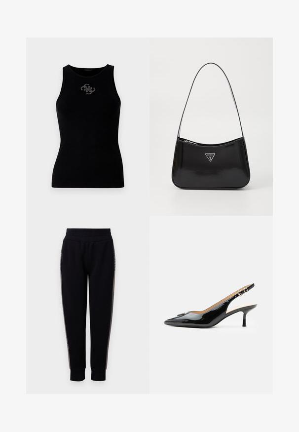 Top de tirantes negro con canalé que presenta un escote redondo y un logo adornado con tachuelas plateadas en la parte delantera. Tela suave y elástica.; Pantalones de chándal negros con una cintura elástica, piernas ajustadas y costuras laterales con un acento metálico. Tejido suave con una textura blanda.; Tacón slingback de charol negro con puntera puntiaguda, tacón pequeño tipo kitten y correa con hebilla plateada sobre un fondo blanco liso.; Bolso de hombro de charol negro con forma curva, que presenta un logotipo triangular plateado y un cierre de cremallera. Textura suave y correa delgada.