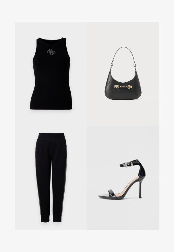 Top de tirantes negro con canalé que presenta un escote redondo y un logo adornado con tachuelas plateadas en la parte delantera. Tela suave y elástica.; Pantalones de chándal negros con una cintura elástica, piernas ajustadas y costuras laterales con un acento metálico. Tejido suave con una textura blanda.; Sandalia de tacón alto en piel sintética negra con correa en el tobillo. Presenta un diseño minimalista, punta abierta y una hebilla con detalles de pedrería.; Bolso de cuero negro con una silueta curvada, que cuenta con un asa superior, herrajes en tono dorado y una placa con el logo en el frente. Textura suave.