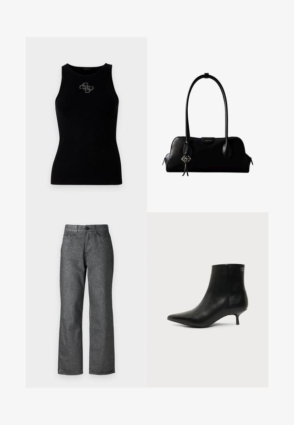Schwarzes geripptes Tanktop mit rundem Halsausschnitt und einem mit silbernen Nieten verzierten Logo auf der Vorderseite. Weicher, elastischer Stoff.; Graue Jeans aus Denim mit einem leichten Schimmer, gerades Bein, fünf Taschen, Knopfverschluss und sichtbaren Nähdetails.; Schwarzer Leder-Knöchel-Stiefel mit spitzer Spitze und niedrigem Kittenabsatz vor hellem Hintergrund, seitliche Ansicht.; Schwarze Lederhandtasche von Calvin Klein mit langen Henkeln, einem vorderen Logo-Tag und einem silbernen geometrischen Anhänger, der an einem Henkel hängt.