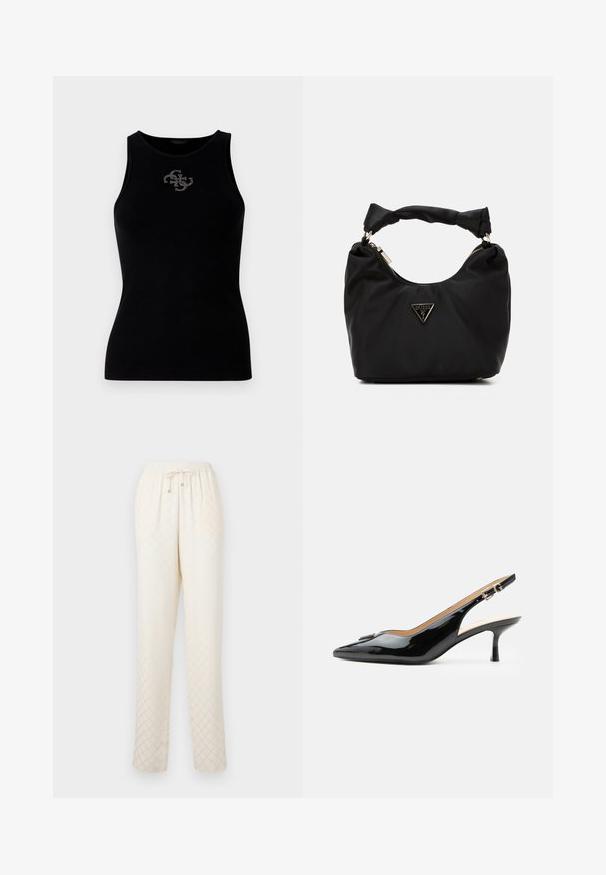 Top de tirantes negro con canalé que presenta un escote redondo y un logo adornado con tachuelas plateadas en la parte delantera. Tela suave y elástica.; Pantalones de lounge de color beige claro, hechos de una tela suave, con un patrón de diamantes, cinturilla elástica con cordón y piernas rectas relajadas.; Tacón slingback de charol negro con puntera puntiaguda, tacón pequeño tipo kitten y correa con hebilla plateada sobre un fondo blanco liso.; Bolso de tela negra con forma curvada, asa anudada, detalle prominente del logo dorado y cierre de cremallera. Textura suave y diseño minimalista.