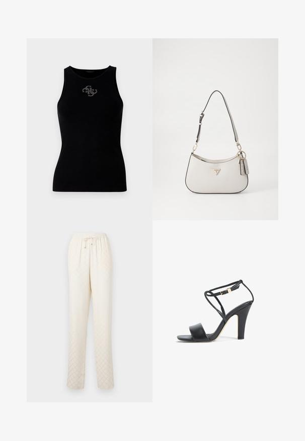 Schwarzes geripptes Tanktop mit rundem Halsausschnitt und einem mit silbernen Nieten verzierten Logo auf der Vorderseite. Weicher, elastischer Stoff.; Helle beige Loungehosen aus weichem Stoff, mit einem Rautenmuster, elastischem Bund mit Kordelzug und lässig geraden Beinen.; Schwarze Sandale mit hohem Absatz, dünnem Knöchelriemen, goldener Schnalle, offenem Zehenbereich und Blockabsatz, seitlich auf weißem Hintergrund dargestellt.; Weiße strukturierte Handtasche mit einer geschwungenen Form, goldenen Beschlägen, einem abnehmbaren Riemen und einem Logo-Detail. Enthält einen Schlüsselanhänger mit Branding.