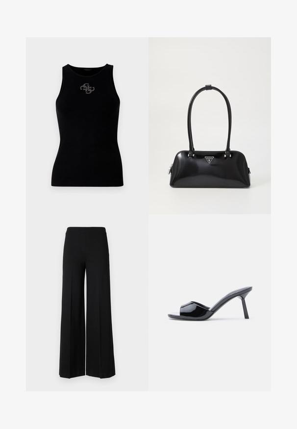 Débardeur noir à côtes avec un col rond et un logo orné de clous en argent à l'avant. Tissu doux et extensible.; Pantalons larges noirs avec une texture lisse, présentant une taille haute et sans fermetures visibles. Design simple et épuré.; Sandales à talons ouverts en cuir verni noir, avec un design supérieur incurvé et un talon aiguille effilé. Finition lisse et brillante.; Sac à main noir brillant avec une silhouette incurvée, deux poignées et une plaque logo à l'avant. Fermeture éclair et accents en matériel brillant.