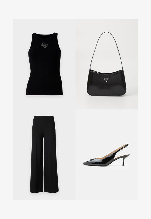 Top de tirantes negro con canalé que presenta un escote redondo y un logo adornado con tachuelas plateadas en la parte delantera. Tela suave y elástica.; Pantalones de pierna ancha negros con una textura suave, que presentan una cinturilla alta y sin cierres visibles. Diseño simple y limpio.; Tacón slingback de charol negro con puntera puntiaguda, tacón pequeño tipo kitten y correa con hebilla plateada sobre un fondo blanco liso.; Bolso de hombro de charol negro con forma curva, que presenta un logotipo triangular plateado y un cierre de cremallera. Textura suave y correa delgada.