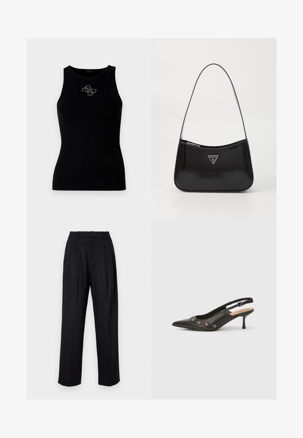 Top de tirantes negro con canalé que presenta un escote redondo y un logo adornado con tachuelas plateadas en la parte delantera. Tela suave y elástica.; Pantalones negros con un diseño a medida, que presentan una cintura alta, pliegues y un corte recto. Fabricados en tejido suave de color sólido.; Zapato de tacón con talón descubierto en piel negra, punta puntiaguda, tacón pequeño y detalles metálicos decorativos a lo largo de la abertura frontal. Textura lisa.; Bolso de hombro de charol negro con forma curva, que presenta un logotipo triangular plateado y un cierre de cremallera. Textura suave y correa delgada.