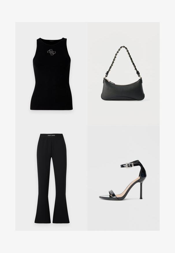 Schwarzes geripptes Tanktop mit rundem Halsausschnitt und einem mit silbernen Nieten verzierten Logo auf der Vorderseite. Weicher, elastischer Stoff.; Schwarze Schlaghose aus Stretchstoff mit elastischem Bund und "JOOP! JEANS"-Logo. Glatte Textur mit figurbetonter Silhouette.; Schwarzer Riemchensandale aus Lackleder mit hohem Absatz und Knöchelriemen. Verfügt über ein minimalistisches Design, offene Zehenpartie und eine Schnalle mit Strassakzenten.; Schwarze Lederschultertasche mit gewölbter rechteckiger Form, goldener Kette, die in den geflochtenen schwarzen Riemen eingewebt ist, und Reißverschlussverschluss oben.