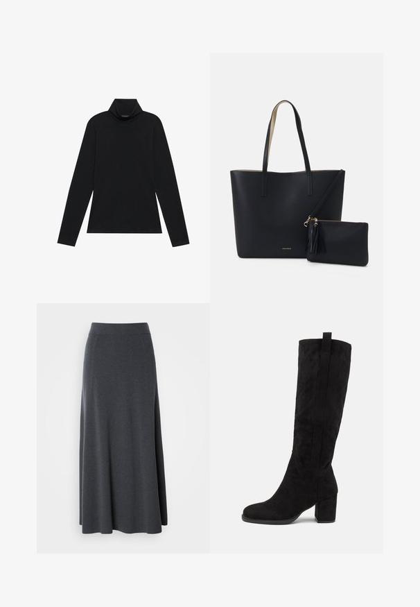 Zwarte langetermijn turtleneck. Zachte stof, getailleerd design, hoge kraag en zijnaad. Eenvoudige en veelzijdige stijl die geschikt is voor het laagjes dragen.; Donkergrijze maxi-rok gemaakt van zachte, rekbare stof. Beschikt over een hoge tailleband en een vloeiende uitstraling, met subtiele zijnaad voor vorm.; Anna Field by Zalando Laarzen - black; Zwarte totebag van gestructureerd materiaal, met twee lange handvatten en een afneembare tas met rits voorzien van een franjesdetail. Gouden merklogo zichtbaar.