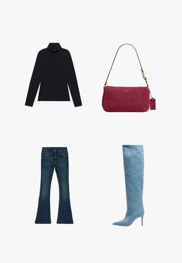 Sort turtleneck med lange ærmer. Blødt stof, tætsiddende design, høj krave og sidesøm. Simpel og alsidig stil, der er velegnet til lag-på-lag.; Mørkeblå sætbukser med mid-rise talje, lavet af denim. Har fem lommer og synlige stikninger langs sømmene.; Høje damesko i lyseblå denim med spids tå og slank høj hæl på en hvid baggrund.; Lille rektangulær skuldertaske i bordeaux ruskind med guldfarvet lynlås, Coach-logo, aftagelig rem og matchende ruskindsetiket på guldkæde.