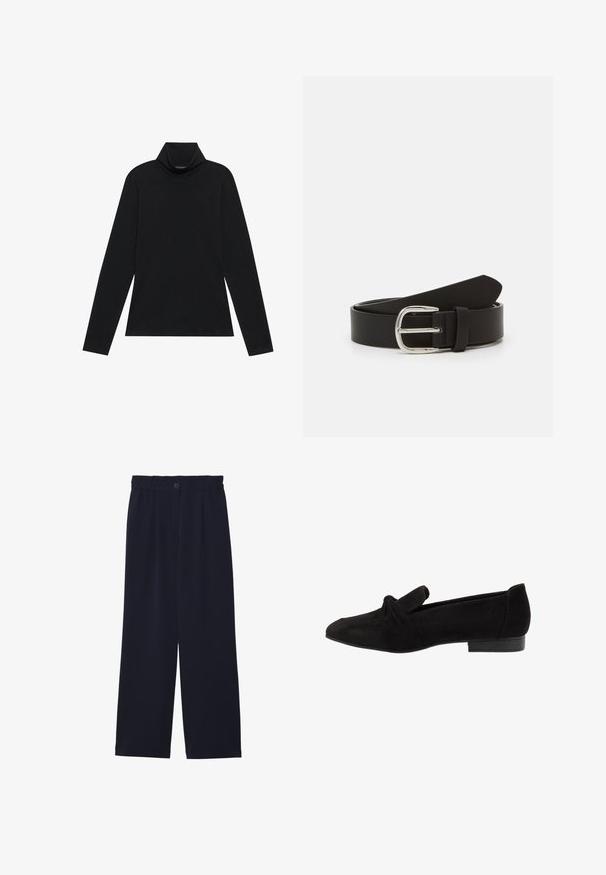 Turtleneck à manches longues noir. Tissu doux, design près du corps, col montant et coutures latérales. Style simple et polyvalent, idéal pour le superposition.; Pantalons large bleu marine avec une texture lisse, taille élastique, pli avant unique et fermeture à bouton à la taille.; Chaussure plate en suède noir avec un détail noué à l'extrémité, texture lisse, forme pointue et talon bas rectangulaire.; Ceinture en cuir noir avec une texture lisse, dotée d'une boucle en métal argenté et d'une extrémité effilée. Design simple et classique.