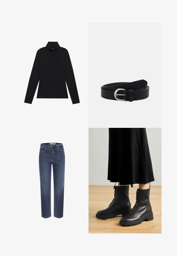 Sort turtleneck med lange ærmer. Blødt stof, tætsiddende design, høj krave og sidesøm. Simpel og alsidig stil, der er velegnet til lag-på-lag.; Blå jeans med lige ben, forlommer, bæltestropper og knaplukning, vist mod en hvid baggrund.; Sorte læder ankelstøvler med en kraftig platformsål og en frontlynlås. Glat tekstur med et minimalistisk design.; Sort læderbælte med en sølv rund spænde, flad design, spids ende, glat tekstur og minimalistisk stil.