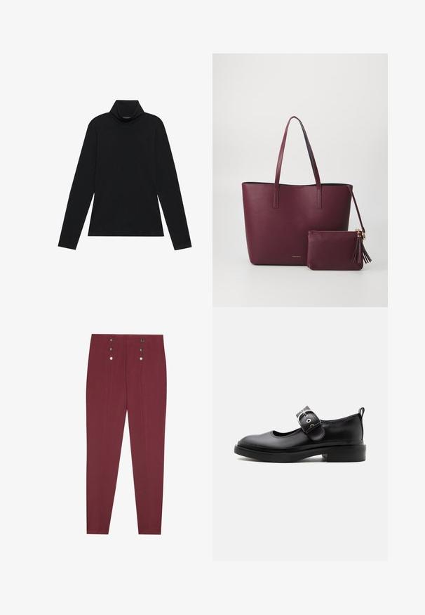 Sort turtleneck med lange ærmer. Blødt stof, tætsiddende design, høj krave og sidesøm. Simpel og alsidig stil, der er velegnet til lag-på-lag.; Bordeaux farvede skræddersyede bukser med sidelommer, der har en glat tekstur og fire dekorative sølvknapper ved taljen.; Sort læder Mary Jane-sko med tyk sål, rundet tå, sølvspænde og trækflig bagpå.; Bordeaux vegan læder tote taske med to robuste håndtag, har en matchende lynlåspose med frynse detalje. Glat, tekstureret overflade.