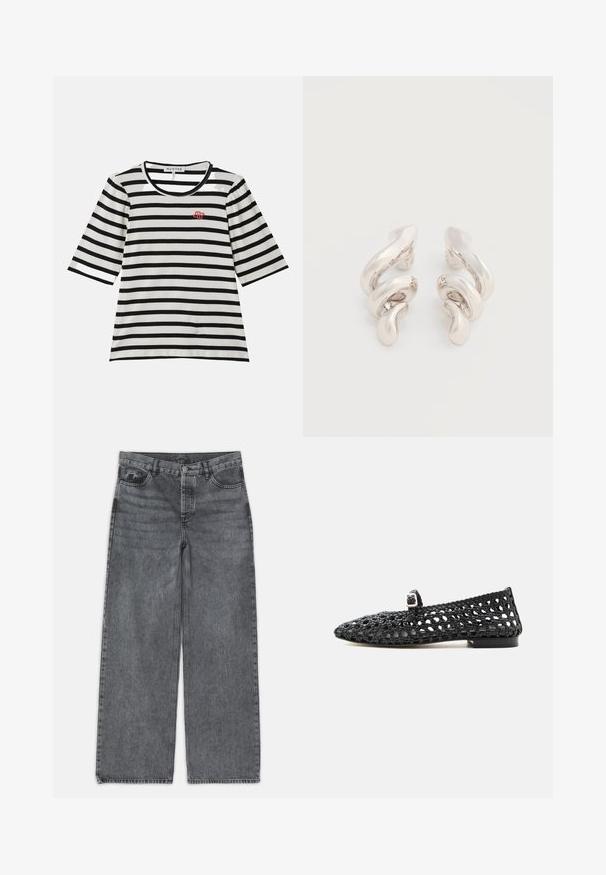 Camiseta de rayas con mangas cortas, con textura acanalada en blanco y negro, escote redondo y pequeño logo rojo en el lado izquierdo del pecho.; Jeans de pierna ancha en denim gris oscuro. Presentan una cintura alta, diseño de cinco bolsillos y cierre delantero de botón. Textura suave con un sutil desgastado.; Zapato plano negro tejido con una pequeña correa con hebilla en la parte superior y un tacón bajo, mostrado de perfil sobre un fondo blanco.; Pendientes de clip de metal plateado retorcido con un acabado liso y brillante, que presentan un diseño moderno y abstracto en espiral.