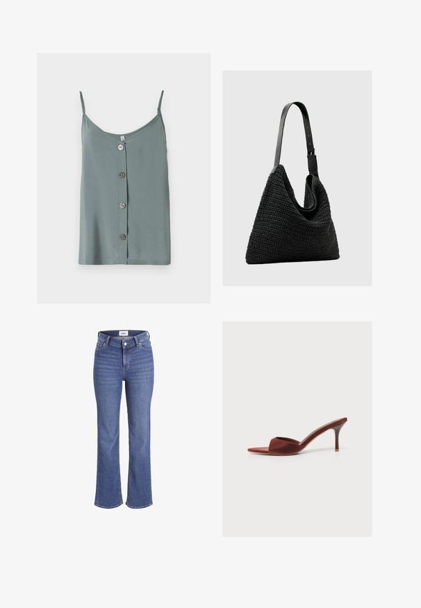 Ærmeløs, lysegrøn top med rund halsudskæring og frontknaplukning, der har fem glatte, runde knapper. Blødt stof med en afslappet pasform.; Mørkeblå jeans i denim med høj talje, brede ben og et traditionelt fem-lomme design. Har synlig syning og lukning med en frontknap.; Brun åben tå højhælet mule-sko med en slank stilethæl og en enkelt bred rem over fronten.; Sort flettet mulepose med en blød, tekstureret krop og en flad bund, med en glat sort læder skulderrem og afrundet form.