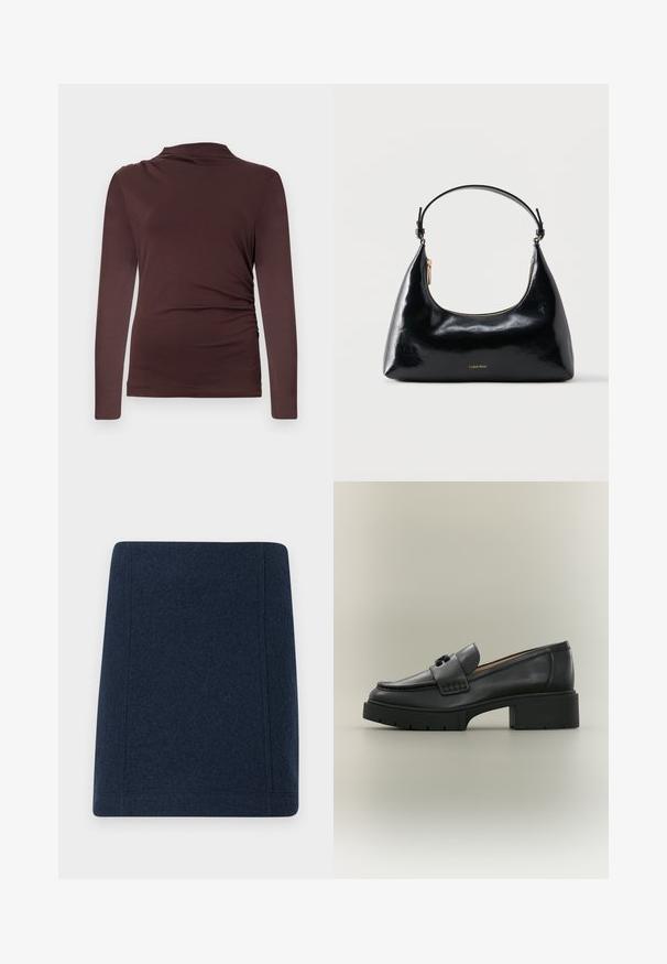 Top marrón de manga larga con sutilezas de fruncido lateral y un escote ligeramente drapeado, exhibido sobre un fondo claro y liso.; Minifalda de lana en navy con forma recta, costuras planas y una textura suave. Sin patrones ni adornos visibles.; Mocasín de cuero negro con suela gruesa y detalle de hebilla decorativa, mostrado de lado sobre un fondo neutro.; Bolso negro brillante de Calvin Klein con cremallera dorada y correa corta sobre un fondo blanco liso.