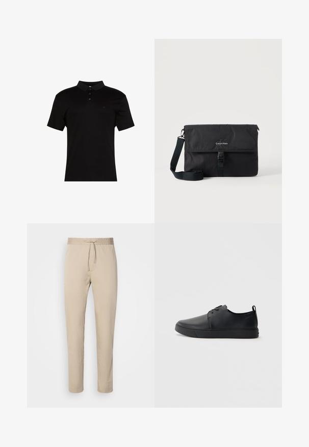Polo negro de tela suave, con cuello de solapa, tapeta con tres botones y un pequeño logo en el lado izquierdo del pecho.; Pantalones beige con cintura elástica y cordón. Presentan un diseño de pierna recta, hechos de una tela suave.; Zapatilla negra de cuero con acabado suave, punta redondeada, costuras a tono, cordones en la parte delantera y suela de goma plana. Asa en el talón.; Bolso mensajero negro de Calvin Klein con correa de hombro ajustable y solapa frontal asegurada con una hebilla, mostrado sobre un fondo liso.