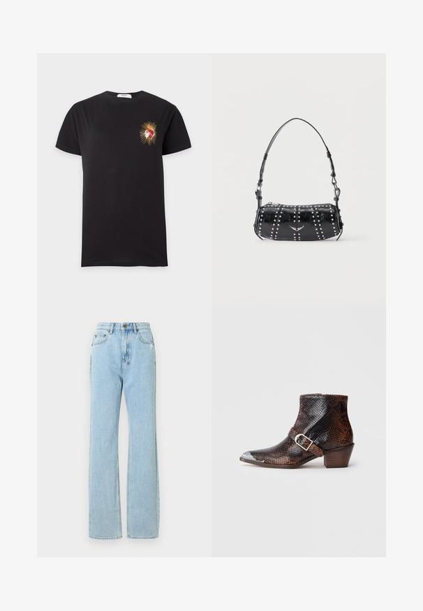 Sort t-shirt med korte ærmer med et lille rødt og gyldent hjerte på venstre bryst, der udsender gyldne stråler.; Lyseblå denimjeans med en lige benlængde, der har en lynlås i åbningen, fem lommer og subtile slidte detaljer.; Sorte og brune ankelstøvler med slangemønster, med en sølvfarvet tåhætte, spændeaccents og en lav træhælt. Glat tekstur, tætsiddende design.; Sort skuldertaske i laklæder med sølvnitter i lodrette rækker og et lille sølvfugleemblem midt på fronten.