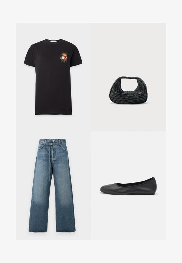 T-shirt noir à manches courtes avec un petit cœur rouge et or sur la poitrine gauche rayonnant des rayons dorés.; Jeans évasés bleu en délavé, fabriqués en denim avec des accents de couture visibles et une fermeture à bouton à la taille.; Ballerines en cuir noir avec un bout rond, texture lisse, détails de couture minimalistes et design de semelle flexible.; Sac hobo tissé noir avec une structure souple et une poignée intégrée, présenté sur un fond clair uni.