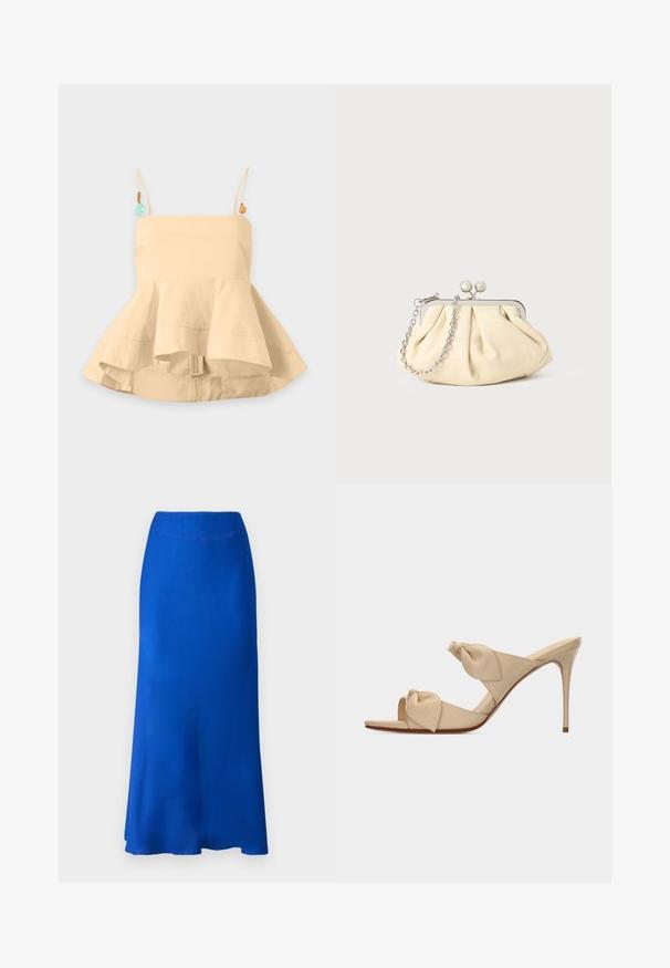 Béžový bezrukávový rozšírený peplum top s tenkými ramienkami ozdobenými malými dekoratívnymi korálkami na jednoduchom pozadí.; Modrá saténová sukňa s rozšíreným strihom, ktorá má hladký povrch a pohodlný pás. Lem sa nachádza tesne pod kolenami.; Béžové otvorené sandále na vysokom opätku s dvoma prekrútenými pásikmi so uzlami a tenkým ihličkovým opätkom na bielom pozadí.; Zhlý béžový kožený klobúk so strieborným kovovým rámom, ktorý má dve okrúhle dekoratívne zámky a strieborný reťazový popruh.