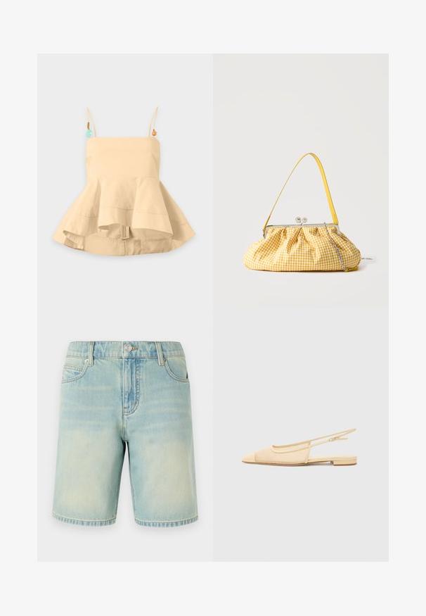 Beiger ärmelloser ausgestellter Peplum-Top mit dünnen Trägern, verziert mit kleinen dekorativen Perlen auf einfarbigem Hintergrund.; Hellblaue Denim-Shorts mit einem verblassten Finish, ausgestattet mit einem Fünf-Taschen-Design, sichtbaren Nähten und einem Metallknopfverschluss am Bund.; Slingback-Ballerina in hellbeige mit einem Netz-Obermaterial, spitz zulaufender Zehenpartie und niedrigem Absatz. Verfügt über einen verstellbaren Riemen für eine optimale Passform.; Handtasche aus gelbem und weißem Vichykaro-Stoff mit Metallverschluss, gelbem Griff und silberner Kettendetails vor einfarbigem Hintergrund.