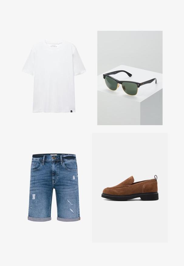 Witte T-shirt met korte mouwen, regular fit, ronde hals en klein zwart stoffen label aan de onderzoom.; Denim shorts in medium blue met verweerde details, omgeslagen zoom, vijf zakken en een metalen knoopsluiting. Standaard pasvorm.; Bruine suede instappers met een ronde neus, zwarte rubberen zool en een kleine hak. Voorzien van decoratieve stiksels op de bovenkant.; Ray-Ban zonnebrillen met groene lenzen, zwarte plastic monturen en gouden accenten aan de randen. Vierkante vorm met een matte afwerking.
