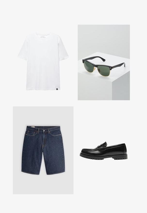 Hvid kortærmet T-shirt i almindelig pasform med rund halsudskæring og lille sort stofetiket i bundkanten.; Mørkeblå denim shorts med et klassisk design, der har fem lommer, syninger, en knaplukning og buede baglommer.; Sort læderloafer med en kraftig gummisål og klassiske penny-strap detaljer, vist fra ydersiden.; Ray-Ban solbriller med grønne linser, sorte plastikstel og gyldne detaljer ved kanterne. Firkantet form med mat finish.