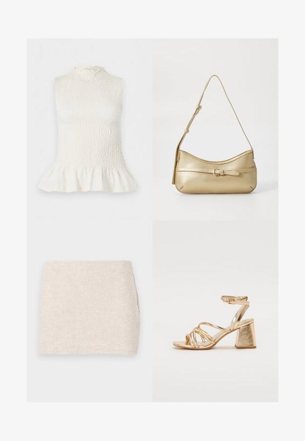 Ærmeløs cremefarvet smocket top med høj hals og flæsekant, med tekstureret elastisk stof og en let udvidet bund.; Beige linnedyr med et minimalistisk design, der har en glat tekstur og en subtil vævning. Det har en lige, simpel skæring uden synlige lukninger.; Guldfarvede hæle-sandaler med en strappy design, firkantet blokhæl og justerbar ankelrem med spænde. Glat tekstur.; Metallic guld skuldertaske med en buet form, glat tekstur, en flad rem og en dekorativ spænde-detail foran.