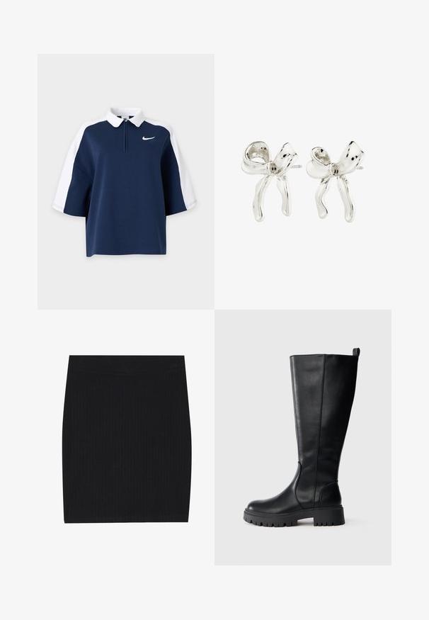 Navyblå og hvide kortærmede polo med hvid krave, halv lynlås foran og lille Nike-logo på venstre bryst.; Sort ribbet strikket mini nederdel med et tætsiddende design, glat tekstur og en elastisk talje for komfort.; Sorte læderknæhøje støvler med rund tå, robust gummisål og diskret syning. Har en løkke øverst for nem påtagning.; Sølv, bueformede øreringe med en poleret overflade. Egenskaber inkluderer en struktureret overflade og bøjet design, med en stift-rækkefølge.