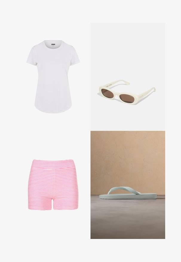 Witte T-shirt met korte mouwen en een ronde hals, gemaakt van zachte stof. Heeft een licht gebogen zoom en een minimalistisch ontwerp.; Roze en witte gestreepte shorts van zachte stof. Heeft een getailleerd ontwerp en een soepele tailleband zonder aanvullende details of hardware.; Enkele lichtbeige rubberen teenslipper met een getextureerd voetbed en Y-vormige band op een effen grijze achtergrond.; Crème-kleurige zonnebril met ovale lenzen, bruin getint, met een glanzende afwerking en subtiele "Vogue" branding aan de zijkant.