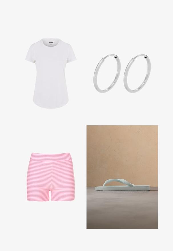 Hvid kortærmet t-shirt med rund halsudskæring, lavet af blødt stof. Har en let buet søm og et minimalistisk design.; Lyserøde og hvide stribede shorts lavet af blødt stof. Har et tætsiddende design og en glat talje med ingen ekstra detaljer eller hardware.; Enkel lysebeige gummiflipflop med tekstureret fodseng og Y-formet rem mod en ensfarvet grå baggrund.; Sølv hoops øreringe, cirkulær form, glat skinnende tekstur og ensartet bredde hele vejen igennem. Minimalistisk design uden yderligere accenter.