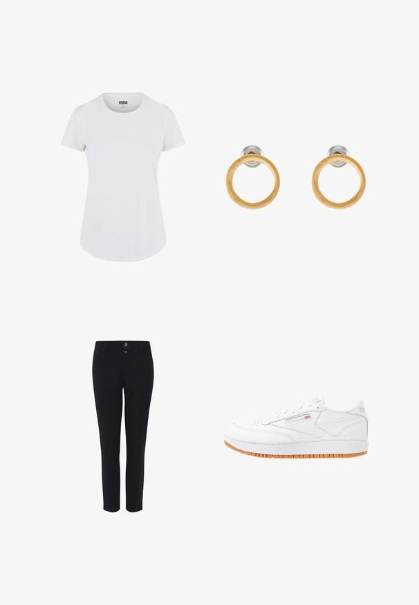 Camiseta blanca de manga corta con cuello redondo, hecha de una tela suave. Presenta un dobladillo ligeramente curvado y un diseño minimalista.; Pantalones negros ajustados de tejido de algodón con una mezcla de materiales, que cuentan con dos botones en la parte frontal, un corte recto y una textura suave. Sin patrones visibles.; Zapatillas blancas de cuero con suela de goma, detalles de costura y caja de dedos perforada. Cuenta con un logo en el costado y en el talón.; Pendientes de metal en tono dorado con acentos circulares de madera, con una textura suave y un diseño minimalista. La silueta enfatiza la simplicidad.
