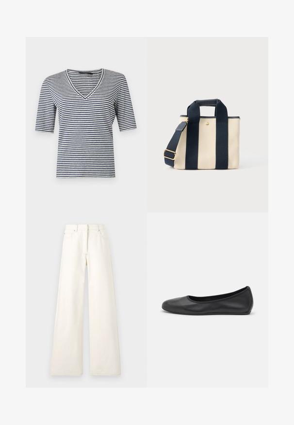 Kurzärmliges V-Neck-Shirt mit marineblauen und weißen horizontalen Streifen, flach auf hellem, einfarbigem Hintergrund angezeigt.; Weite, cremefarbene Hosen aus Denim mit sichtbaren Nähten und Taschen. Das Design hat eine hohe Taille und eine gerade Silhouette.; Schwarze Leder-Ballettschuhe mit abgerundeter Spitze, glatter Textur, minimalen Nähdetails und einem flexiblen Sohlen-Design.; Kleine beige Canvas-Shopper-Tasche mit zwei breiten schwarzen vertikalen Trägern, kurzem Griff und verstellbarem Schultergurt mit goldener Schnalle.