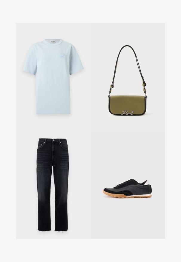 Lichtblauw t-shirt met korte mouwen, ronde hals en een klein geborduurd voslogo in blauw op de linkerborst.; High-waisted, straight-leg jeans in dark wash denim, met een rafelige zoom en een klassieke vijf-pocket ontwerping met zilveren hardware.; Zwarte en grijze sport schoenen van synthetische materialen, met een gestructureerde zwarte neuskap, een gegroefde rubberen zool en een witte hielaccent.; Olivengroene schoudertas met zwarte randen en schouderband, klep-sluiting en zilveren "Karl" handtekeningdetail in het midden van de voorkant.