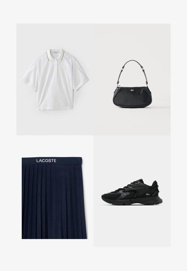 Hvid polo skjorte med korte ærmer, med en knaplukning, grønne og gule krave accenter og mesh-detaljer i siderne. LACOSTE logo til stede.; Marinblå plisseret nederdel med elastisk talje og hvid "LACOSTE" logo. Blød stofstruktur med lodrette plisseringer for bevægelse.; Sort atletisk sneakers med mesh og syntetiske materialer, strukturerede detaljer, snørebånddesign og fremtrædende logo på siden.; Sort skuldertaske med justerbar rem, lynlås og lille sølv krokodille logo foran i midten.
